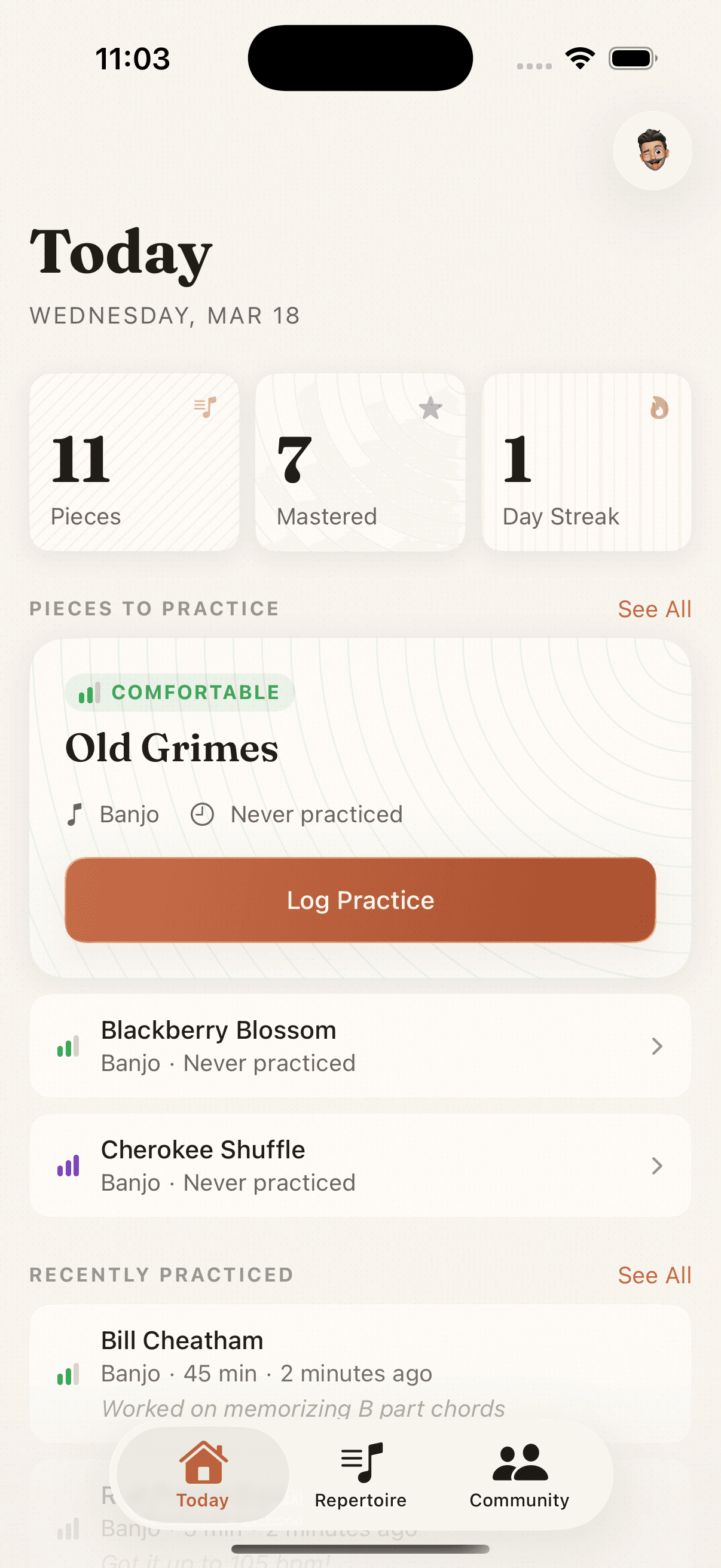 Today view with smart practice suggestions